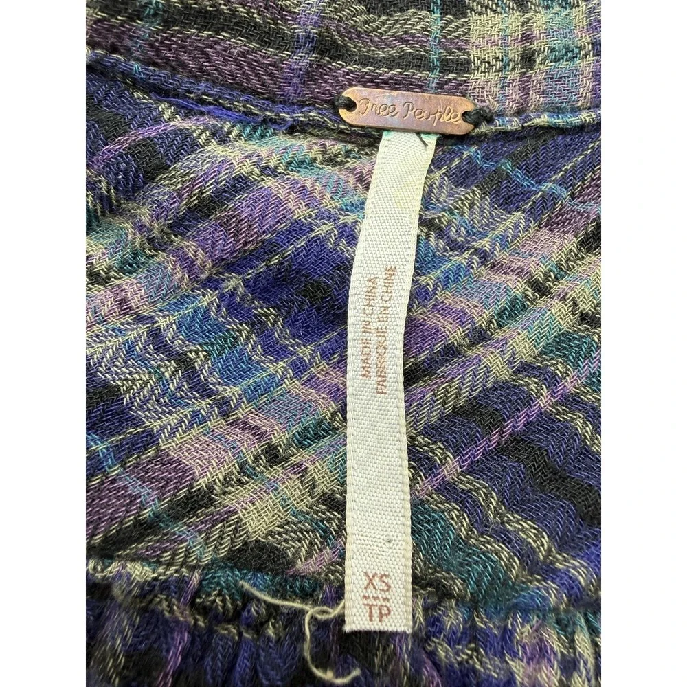 Free People Shirt Womens XS Purple Plaid Button Front Frayed Hem Tunic‎ Top